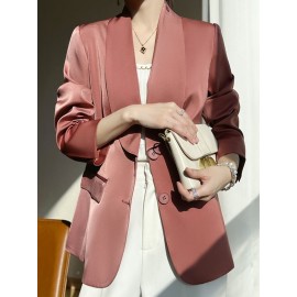 Plus Size - Women'S Luxury -Like Satin Loose-Fitting Suit Jacket - Thin Design Professional High-End Tailored Blazer, Solid Color Elegant Office & Formal Wear, Spring/Autumn Versatile Outerwear for Business, Weddings, Semi-Formal Events - Women'S Fa
