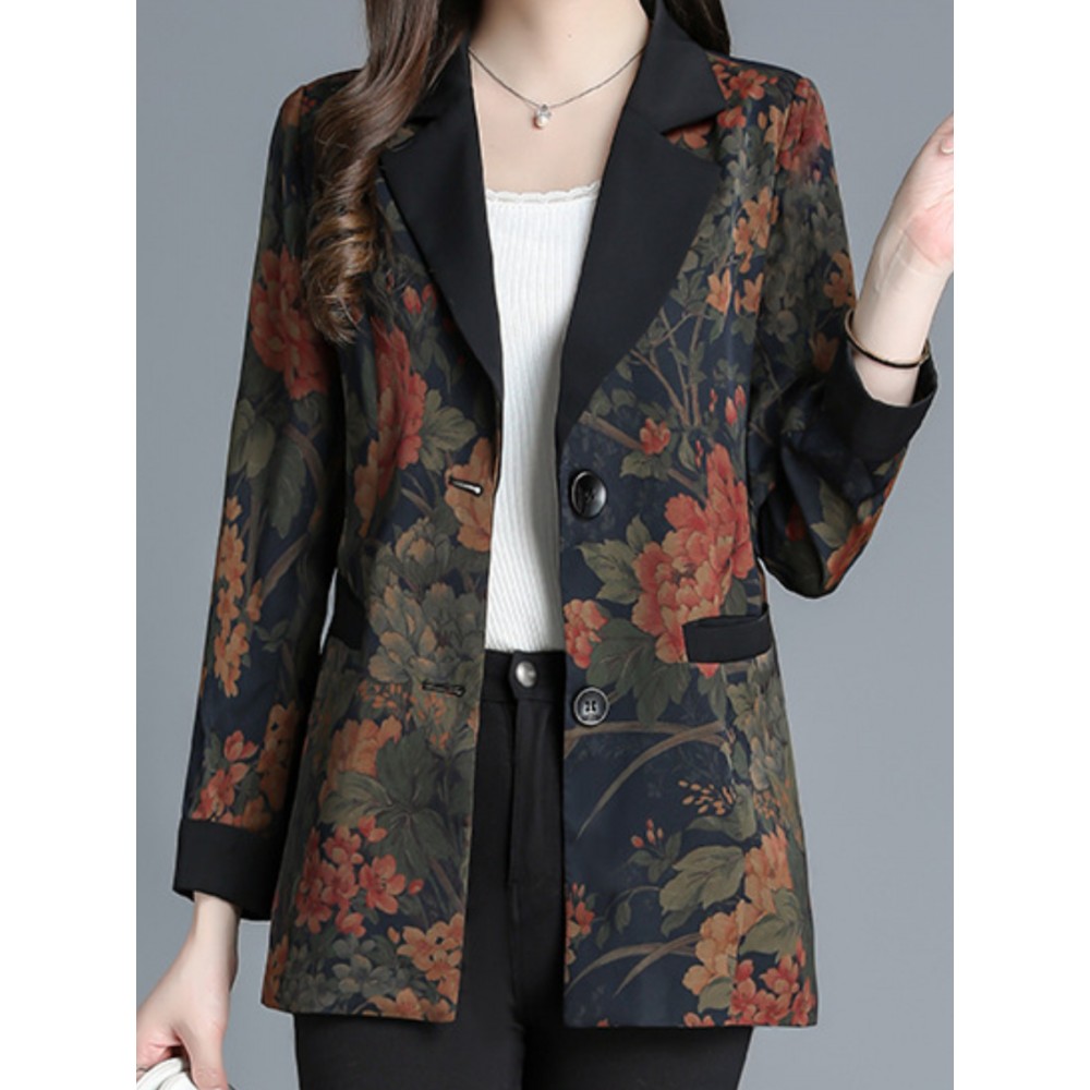 Plus Size, Scacto Women's Vintage Floral print Blazer Jacket - Elegant Lapel Collar & Belted Waist, Single-Button Front, Dropped Shoulder - Winter Formal Party Wedding Attire, Hand Washable Statement Piece for Special Occasions