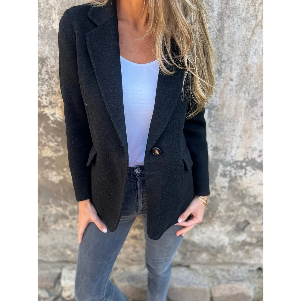 Plus Size, Women's Oversized Solid Color Tweed Lapel Jacket - Beige Brown Tailored Suit Coat with Fake Pocket, Machine Washable All-Season Casual & Formal Outerwear for Women (Large Size, Structured Fit, Button Front Closure, Relaxed Fit, Long Sleeves, Classic Collar, Versatile Casual Attire) - Elegant Tweed Fabric, Timeless Design, Suitable for Various Occasions, Easy Care, Sophisticated Look, Dress Jackets for Women Plus Size
