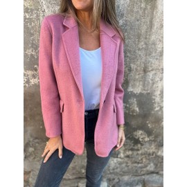 Plus Size, Women's Oversized Solid Color Tweed Lapel Jacket - Beige Brown Tailored Suit Coat with Fake Pocket, Machine Washable All-Season Casual & Formal Outerwear for Women (Large Size, Structured Fit, Button Front Closure, Relaxed Fit, Long Sleeves, Classic Collar, Versatile Casual Attire) - Elegant Tweed Fabric, Timeless Design, Suitable for Various Occasions, Easy Care, Sophisticated Look, Dress Jackets for Women Plus Size